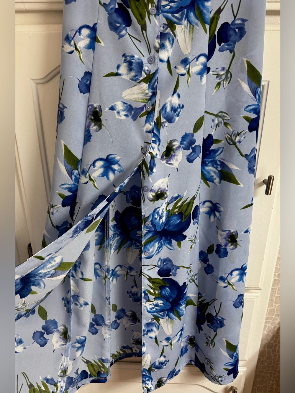 VTG 90s Expressions Periwinkle Blue Floral Button Down Maxi Dress Slit Size 8 - Picture 4 of 9